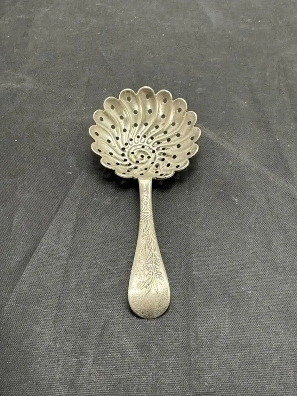 Antique NF Nickel Silver Co Julep Strainer Bon Bon Nut Spoon Scalloped Shell 4